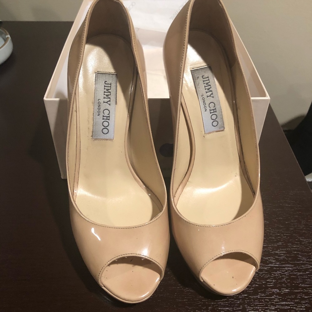 Jimmy Choo Patent Leather Crown Nude Pump